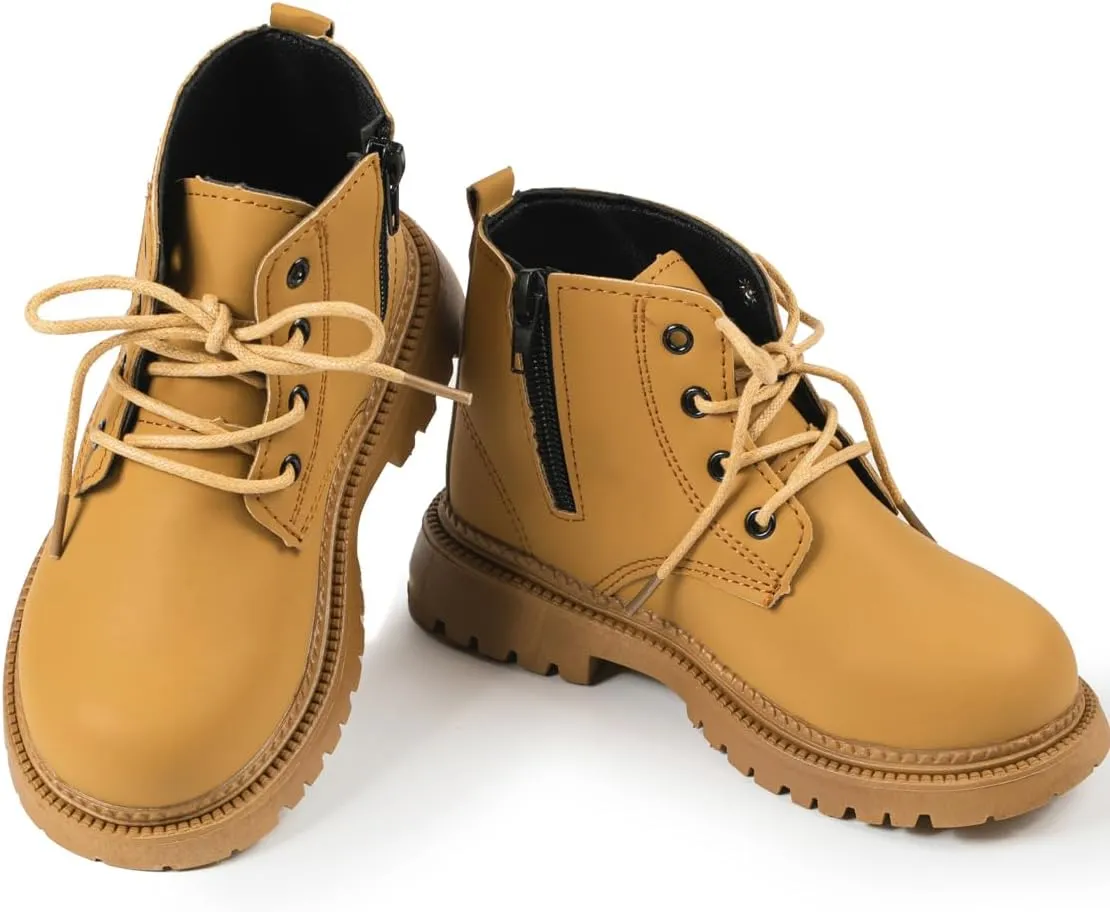 Casazoe Toddler Boys Girls Boots Little Kid Classic Work Boots Side Zipper Casual Walking Hiking Shoe High Top Lace Up Combat Ankle Shoes