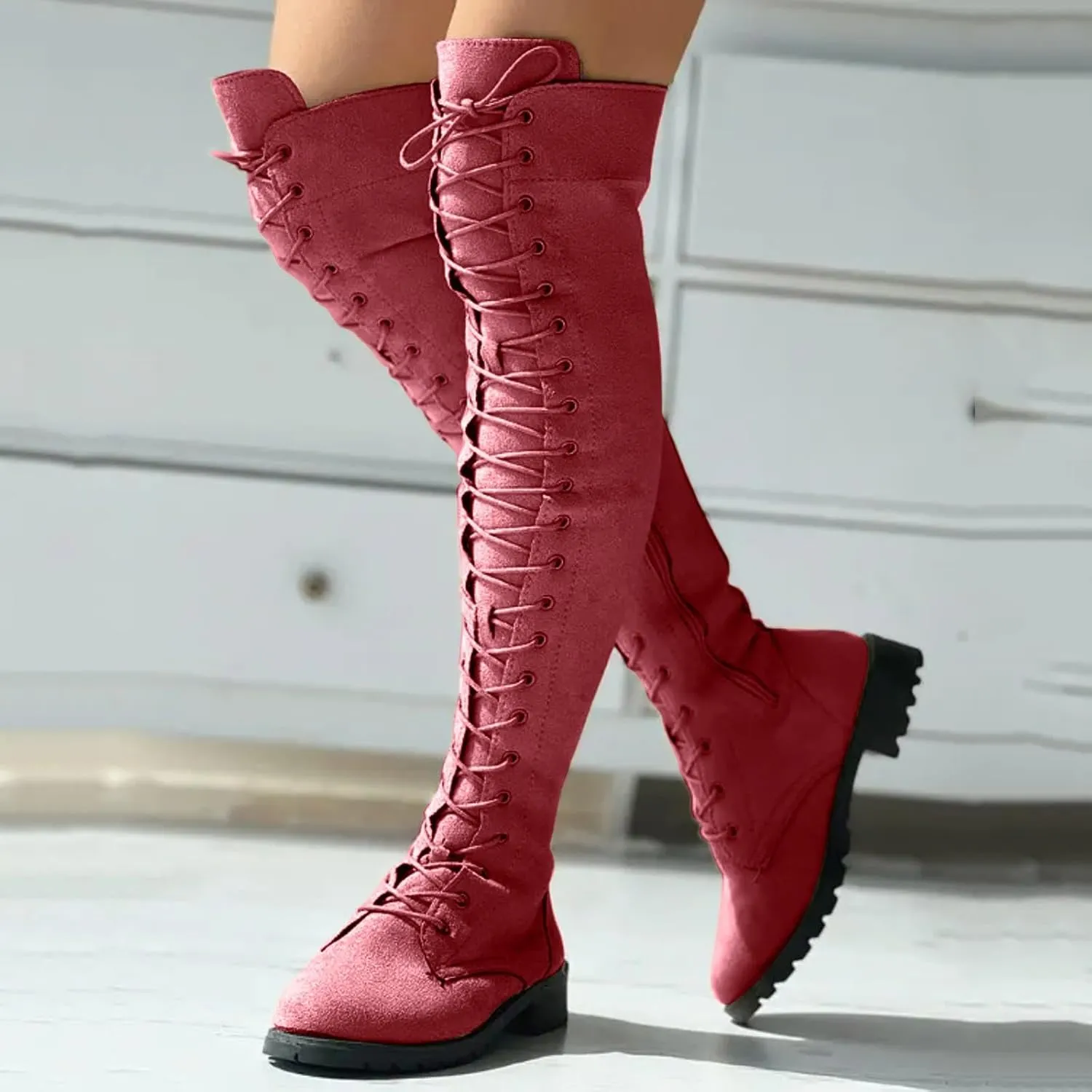 Cathalem Over the Knee Boots for Women Platform Thigh High Boots Chunky Heel Knee High Boots Round Toe Stretch Boots