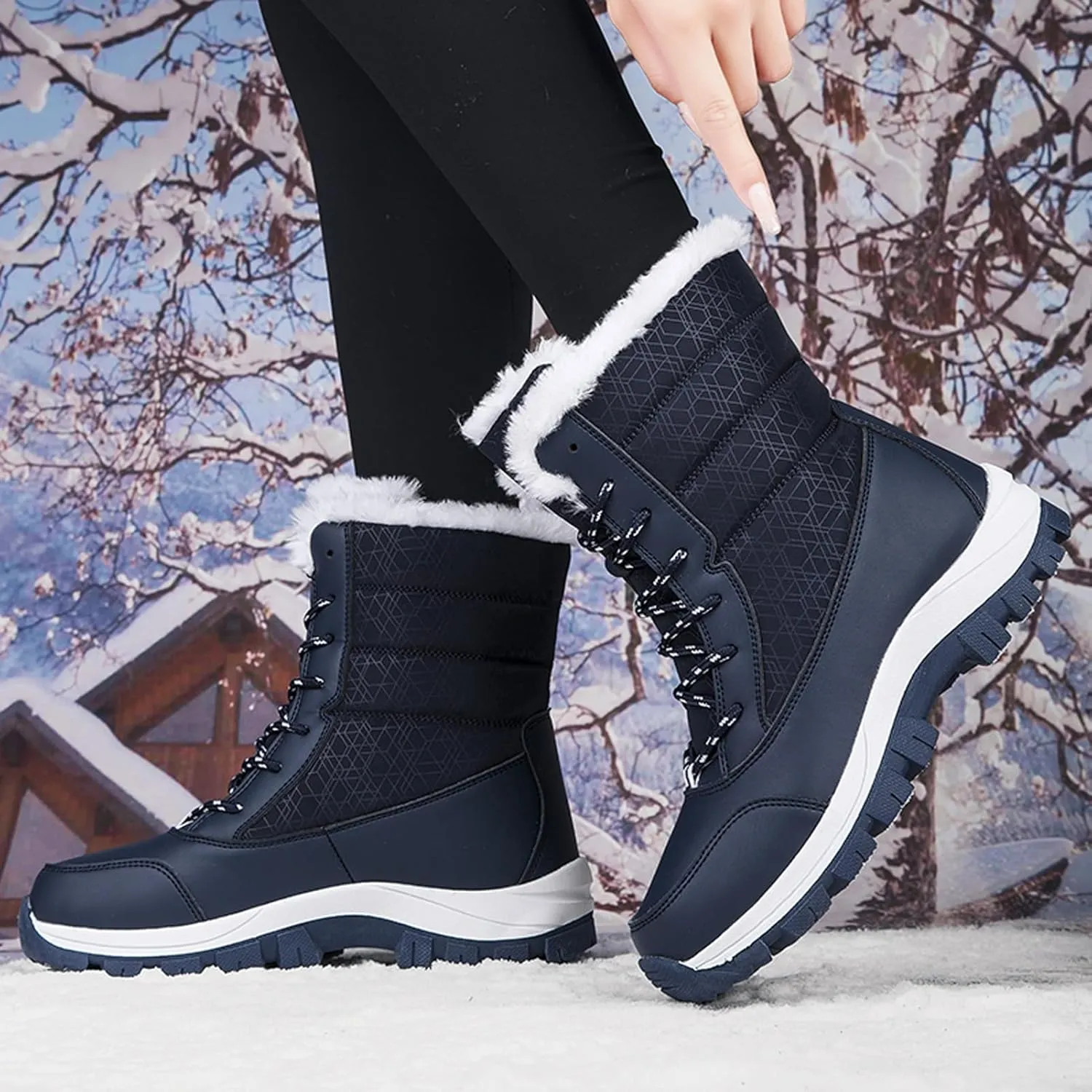 CERYTHRINA Womens Waterproof Booties Lightweight Winter Fur Lined Walking Boots Anti-Slip Outdoor Snow Boots