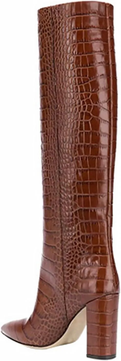 CKSNDLF Women's Metallic Mid-Calf Boots Alligator Print Chunky Heel Knee-High Boots Pointed Toe Mid Block Heel High Top Boots