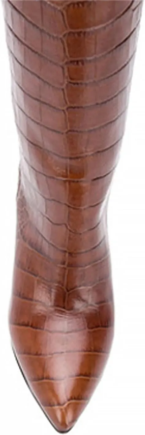 CKSNDLF Women's Metallic Mid-Calf Boots Alligator Print Chunky Heel Knee-High Boots Pointed Toe Mid Block Heel High Top Boots