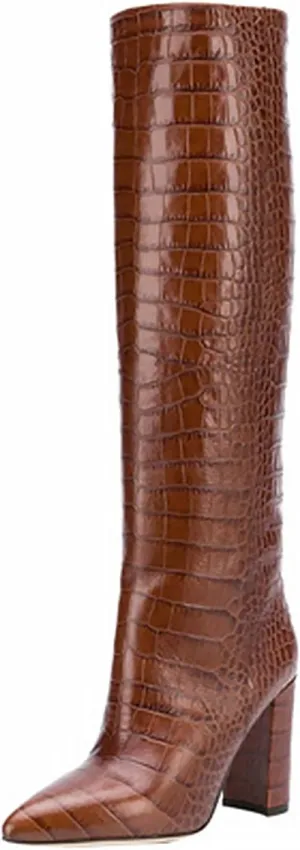 CKSNDLF Women's Metallic Mid-Calf Boots Alligator Print Chunky Heel Knee-High Boots Pointed Toe Mid Block Heel High Top Boots