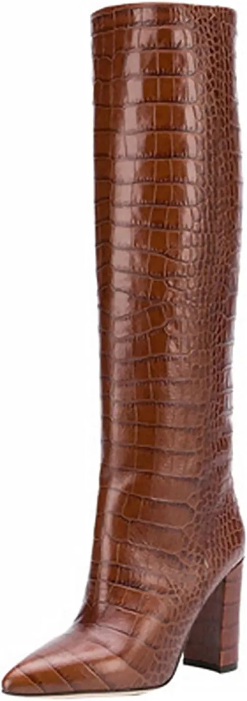 CKSNDLF Women's Metallic Mid-Calf Boots Alligator Print Chunky Heel Knee-High Boots Pointed Toe Mid Block Heel High Top Boots