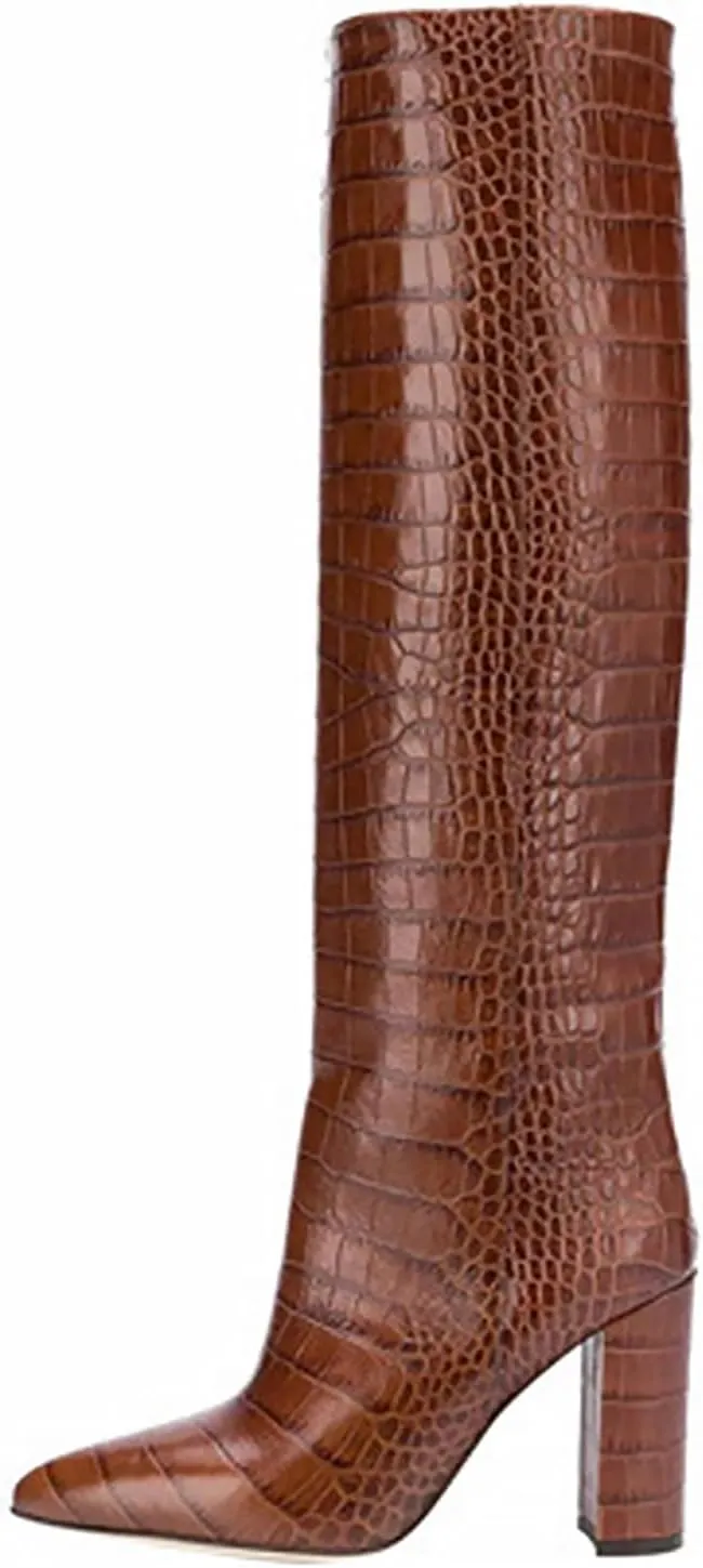 CKSNDLF Women's Metallic Mid-Calf Boots Alligator Print Chunky Heel Knee-High Boots Pointed Toe Mid Block Heel High Top Boots