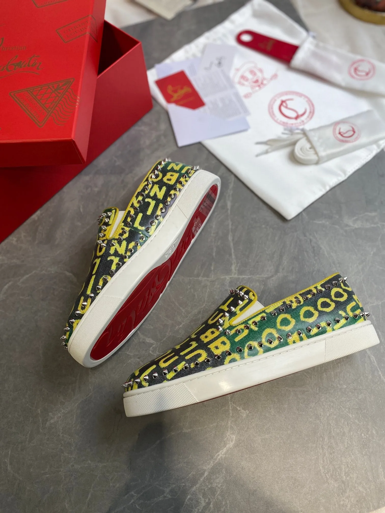 CL Loafers Monogram Yellow Green Leather and Spikes 242380
