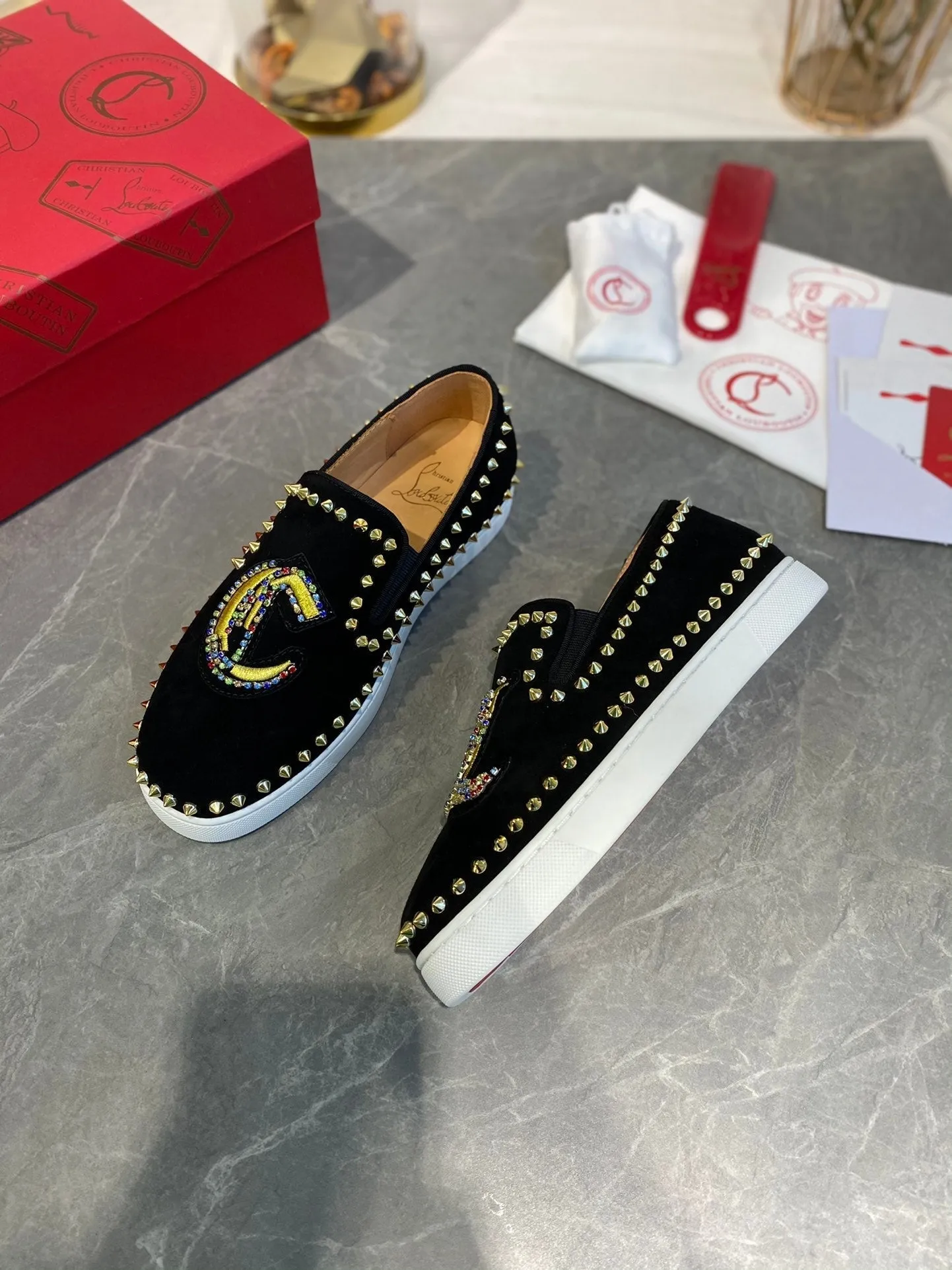 CL Loafers with Logo Black Velvet and Spikes 242384