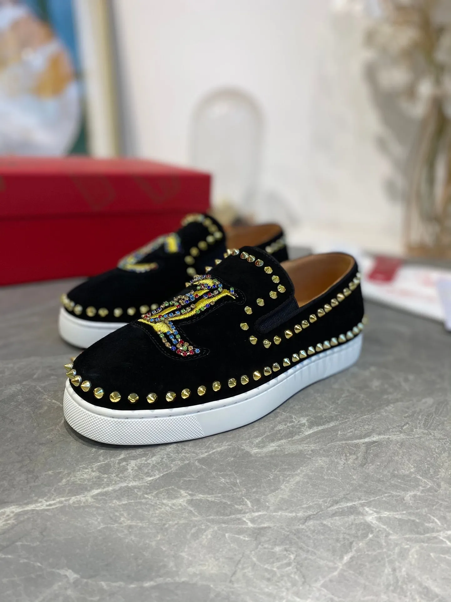 CL Loafers with Logo Black Velvet and Spikes 242384