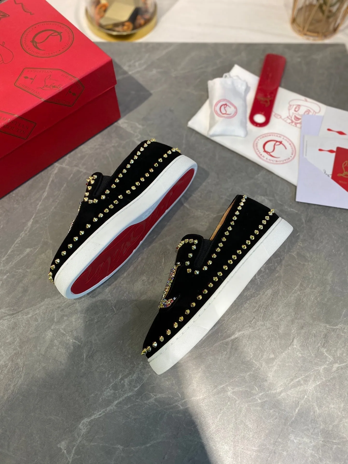 CL Loafers with Logo Black Velvet and Spikes 242384
