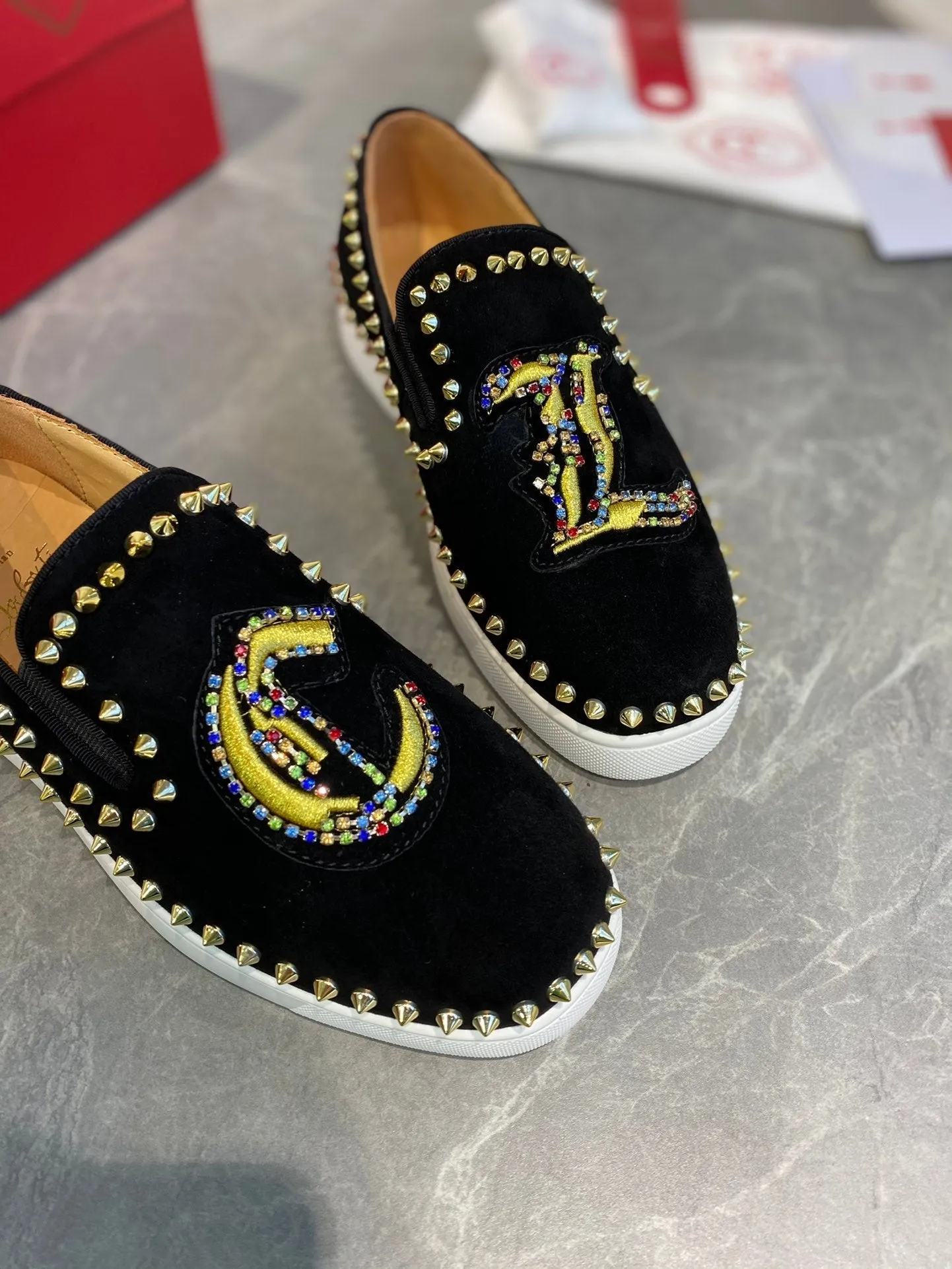 CL Loafers with Logo Black Velvet and Spikes 242384