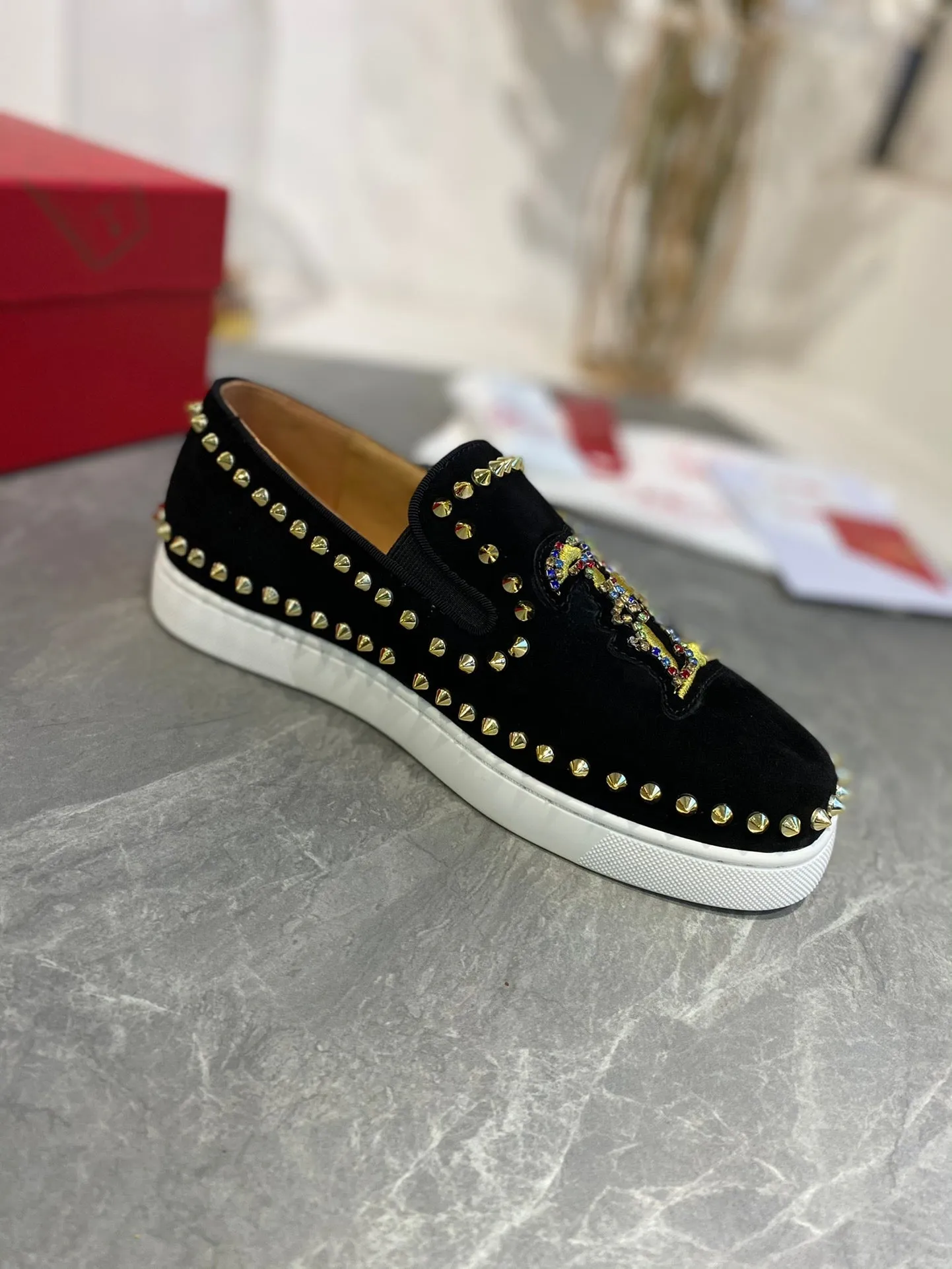 CL Loafers with Logo Black Velvet and Spikes 242384