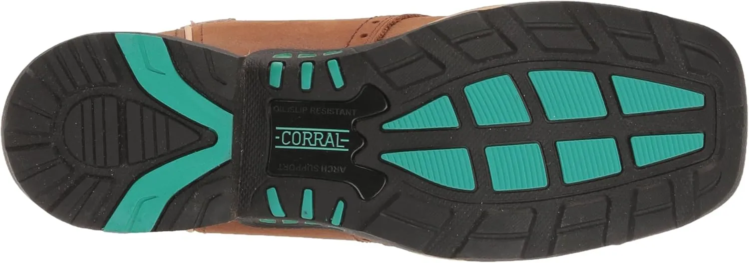 CORRAL LADIE'S TAN HYDRO RESIST SADDLE VAMP/BROWN TOP FARM&RANCH DUAL DENSITY SOLE SQ TOE, RUBBER SOLE, RANCHING W5006