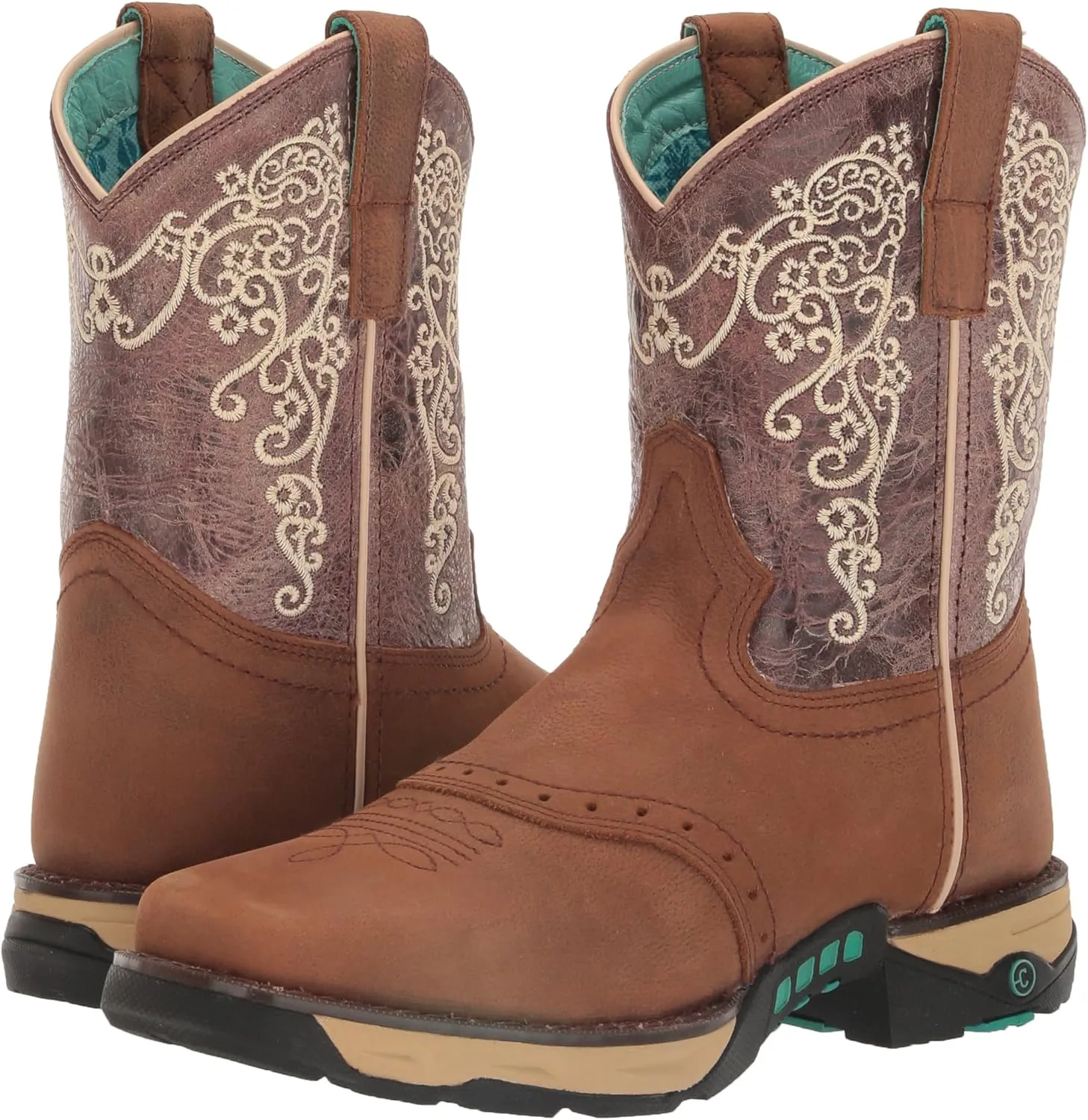 CORRAL LADIE'S TAN HYDRO RESIST SADDLE VAMP/BROWN TOP FARM&RANCH DUAL DENSITY SOLE SQ TOE, RUBBER SOLE, RANCHING W5006