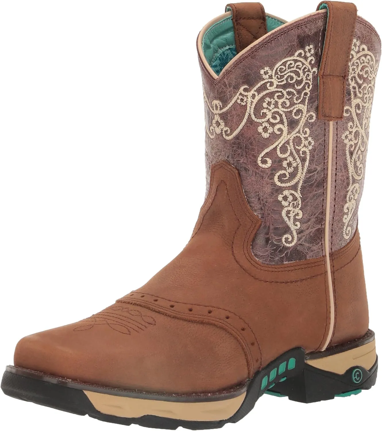 CORRAL LADIE'S TAN HYDRO RESIST SADDLE VAMP/BROWN TOP FARM&RANCH DUAL DENSITY SOLE SQ TOE, RUBBER SOLE, RANCHING W5006