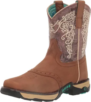 CORRAL LADIE'S TAN HYDRO RESIST SADDLE VAMP/BROWN TOP FARM&RANCH DUAL DENSITY SOLE SQ TOE, RUBBER SOLE, RANCHING W5006