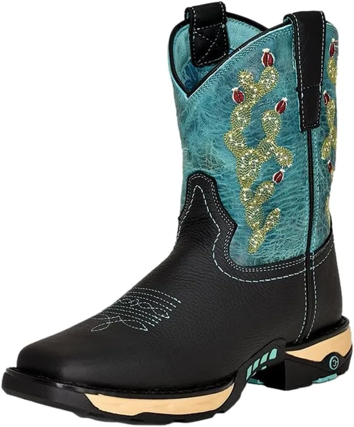 CORRAL LADIE'S TAN HYDRO RESIST/BLUE TOP CACTUS FARM&RANCH DUAL DENSITY SOLE SQ TOE, RUBBER SOLE, RANCHING W5003