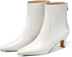 Coutgo Womens Low Kitten Heel Short Boots Fall Square Pointed Toe Ankle Boots Leather Dress Booties With Zipper