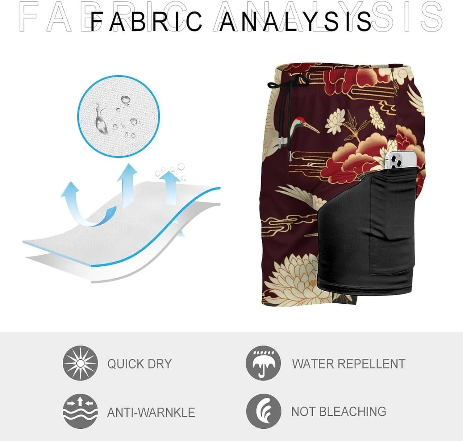 Cranes Chrysanthemum Print Men's Swim Trunks Quick Dry Board Shorts Swimwear Beach Shorts with Compression Liner