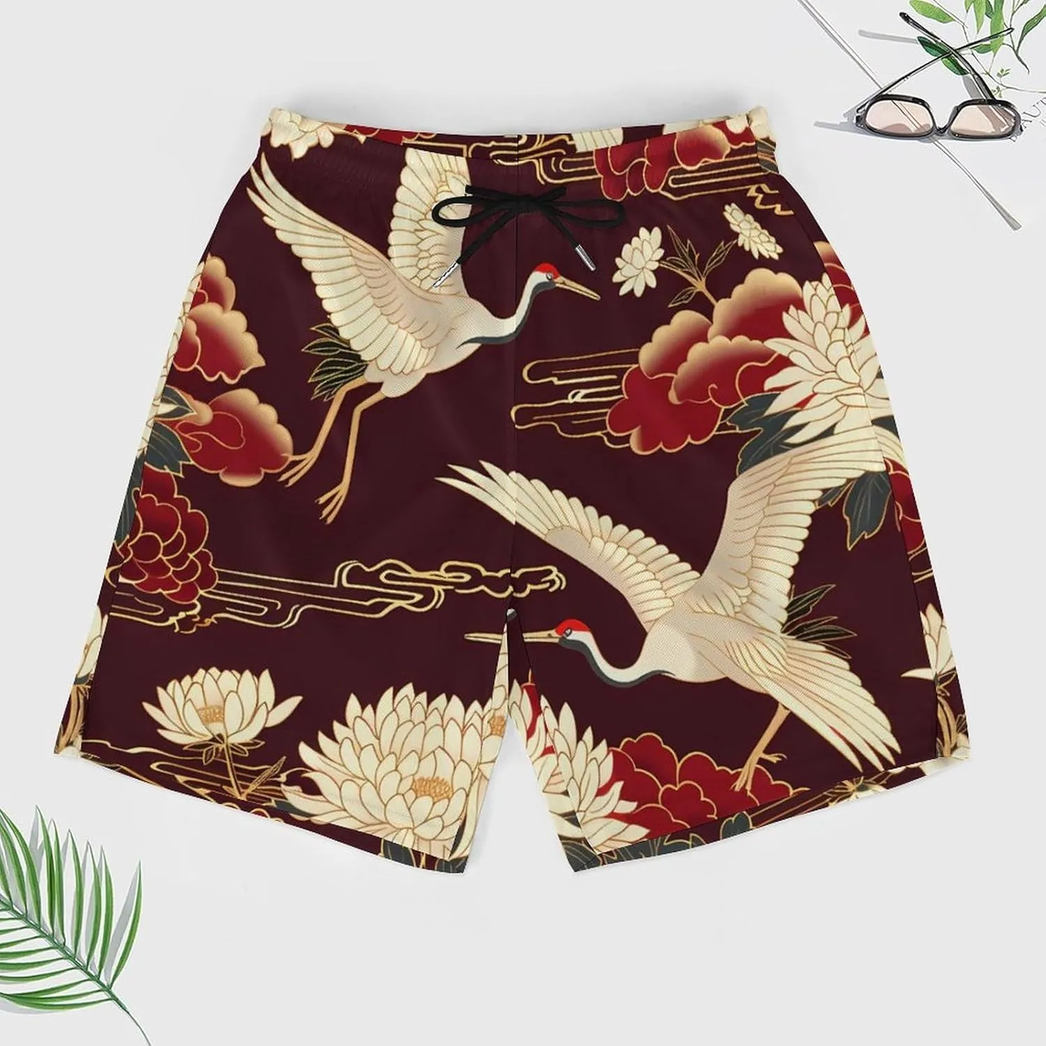 Cranes Chrysanthemum Print Men's Swim Trunks Quick Dry Board Shorts Swimwear Beach Shorts with Compression Liner