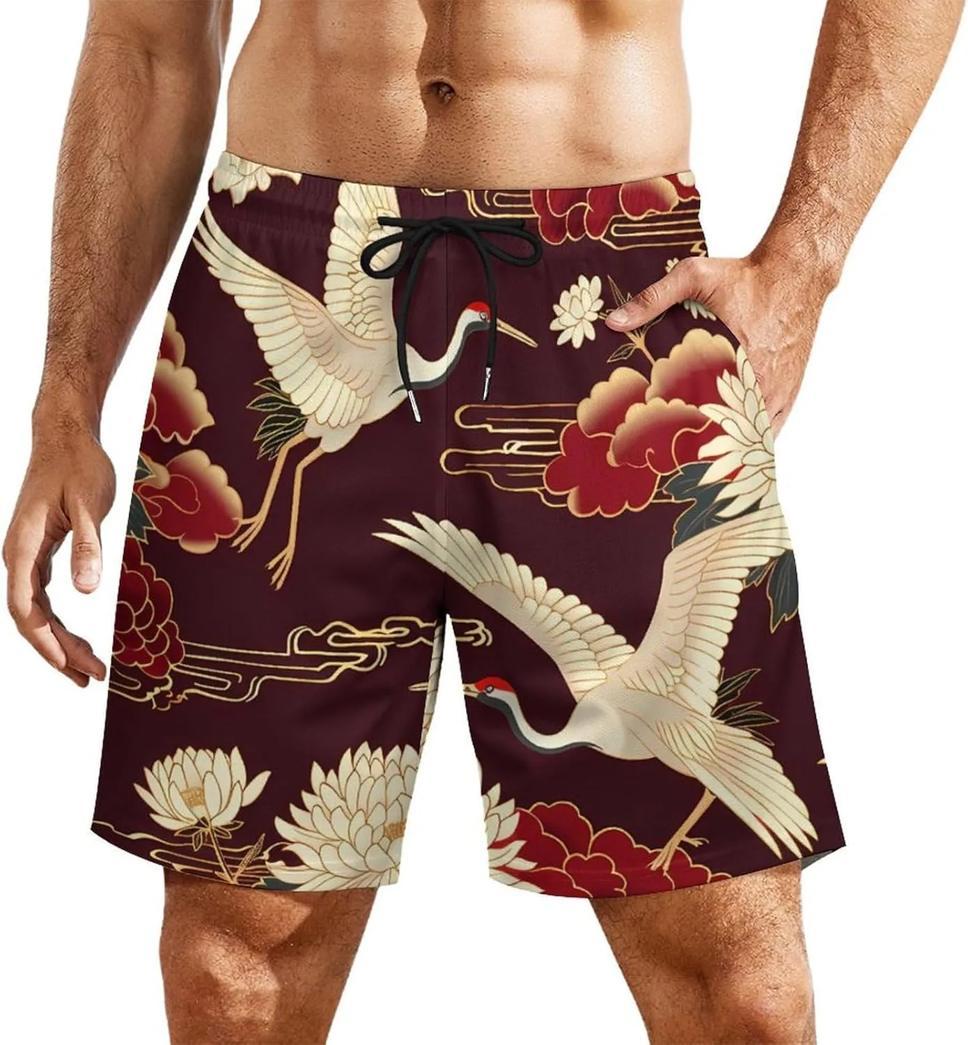 Cranes Chrysanthemum Print Men's Swim Trunks Quick Dry Board Shorts Swimwear Beach Shorts with Compression Liner
