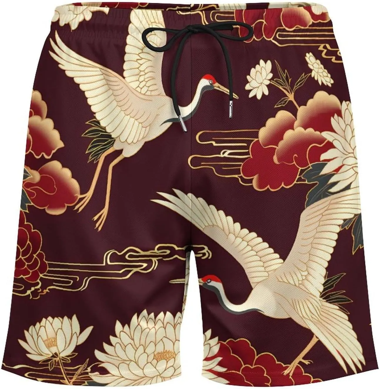 Cranes Chrysanthemum Print Men's Swim Trunks Quick Dry Board Shorts Swimwear Beach Shorts with Compression Liner
