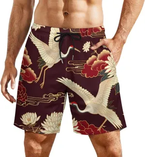 Cranes Chrysanthemum Print Men's Swim Trunks Quick Dry Board Shorts Swimwear Beach Shorts with Compression Liner