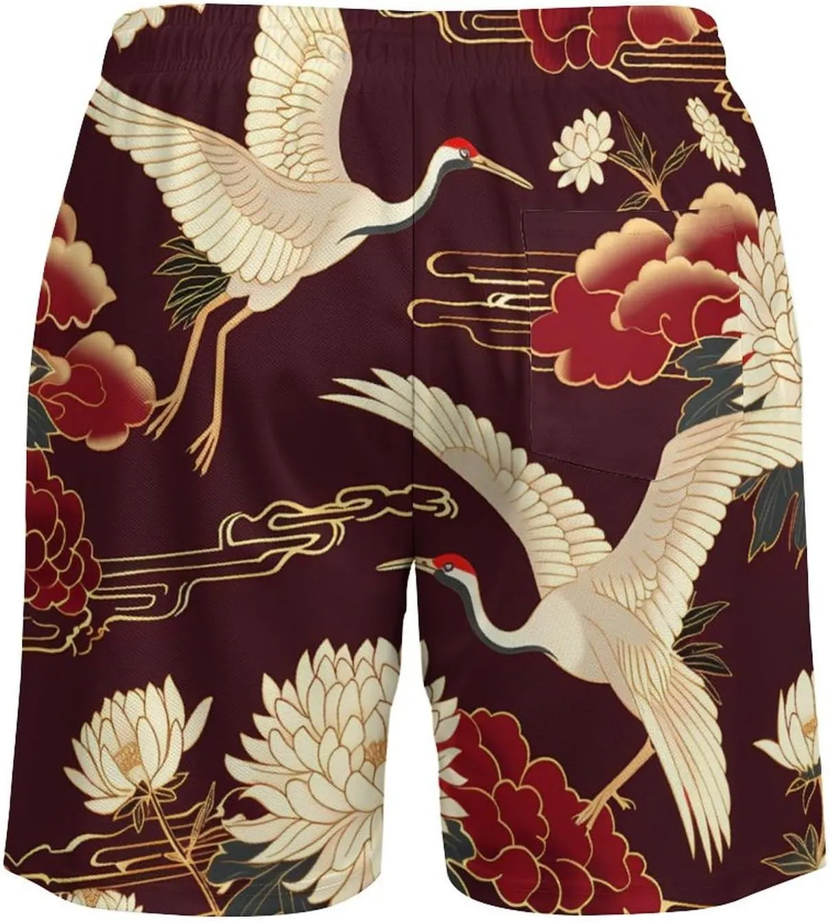Cranes Chrysanthemum Print Men's Swim Trunks Quick Dry Board Shorts Swimwear Beach Shorts with Compression Liner