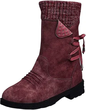 Ctreela Sock Top Boot for Women Fashion Short Combat Boots Slip On Booties with Side Zipper Low Heel Winter Ankle Booties