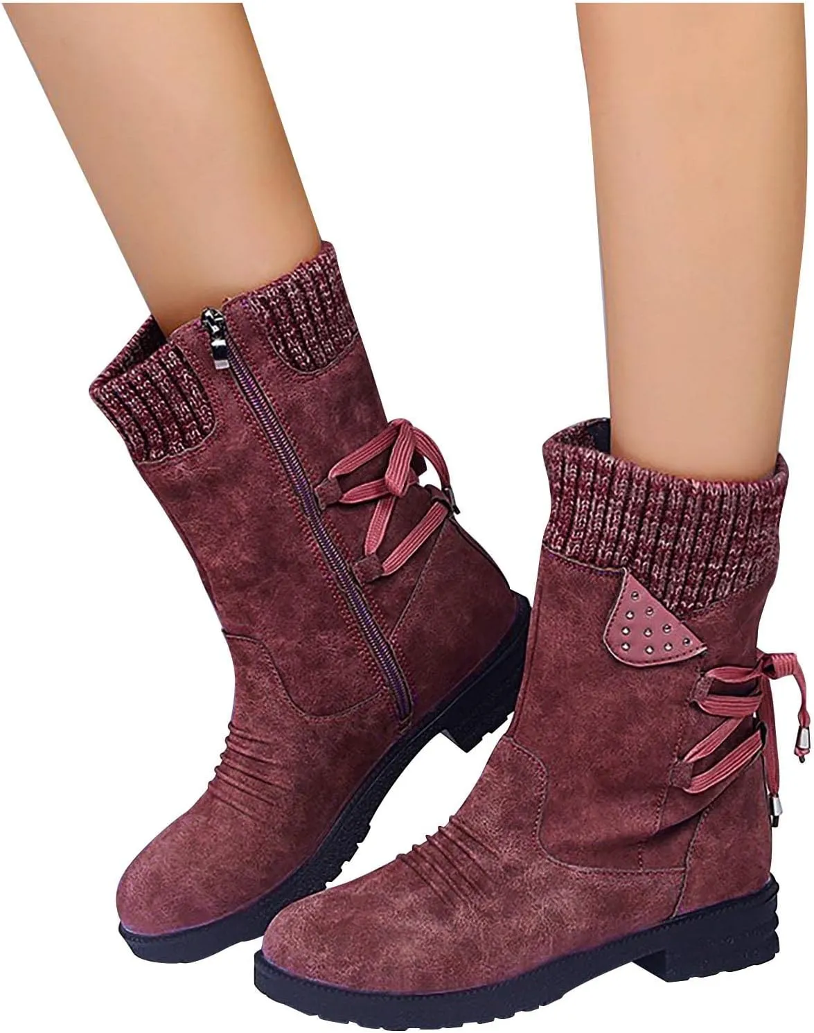 Ctreela Sock Top Boot for Women Fashion Short Combat Boots Slip On Booties with Side Zipper Low Heel Winter Ankle Booties