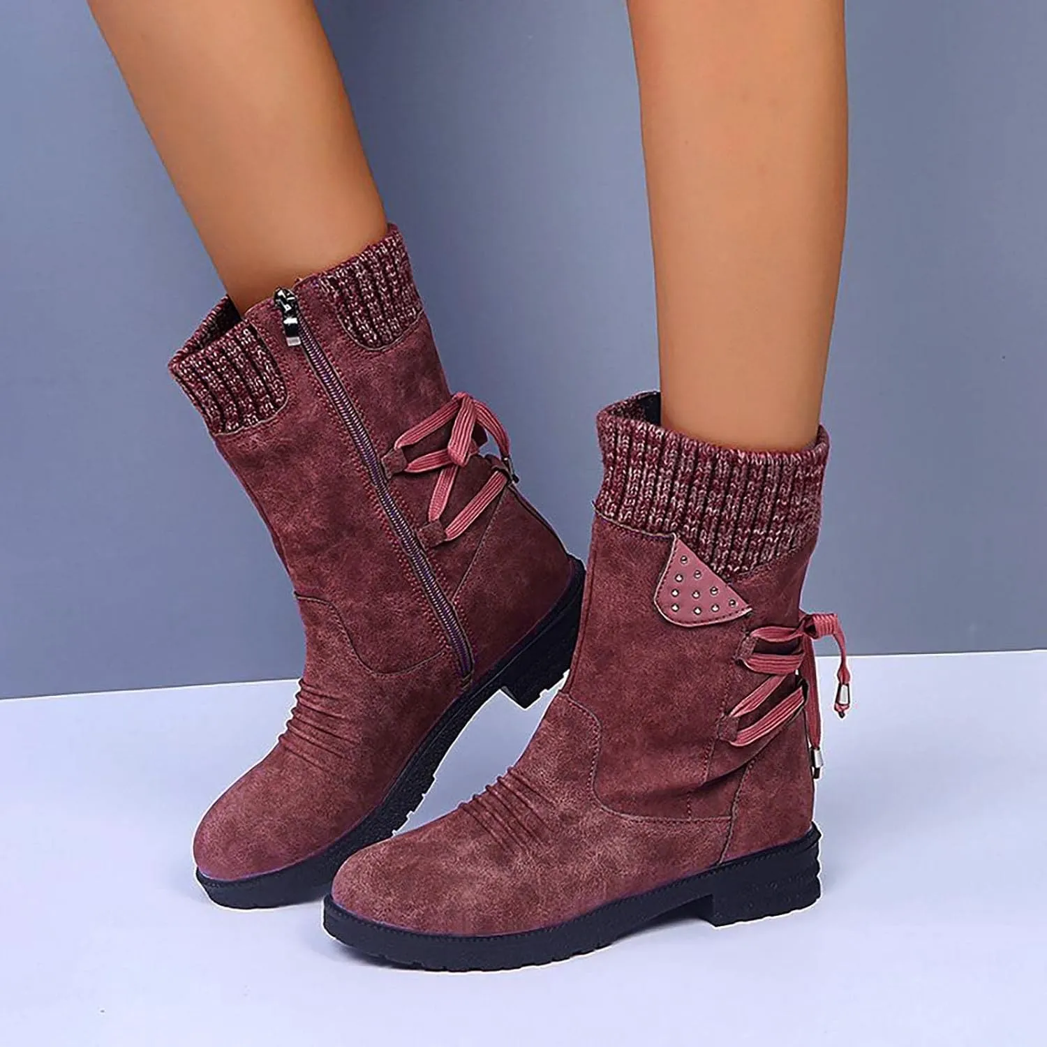 Ctreela Sock Top Boot for Women Fashion Short Combat Boots Slip On Booties with Side Zipper Low Heel Winter Ankle Booties