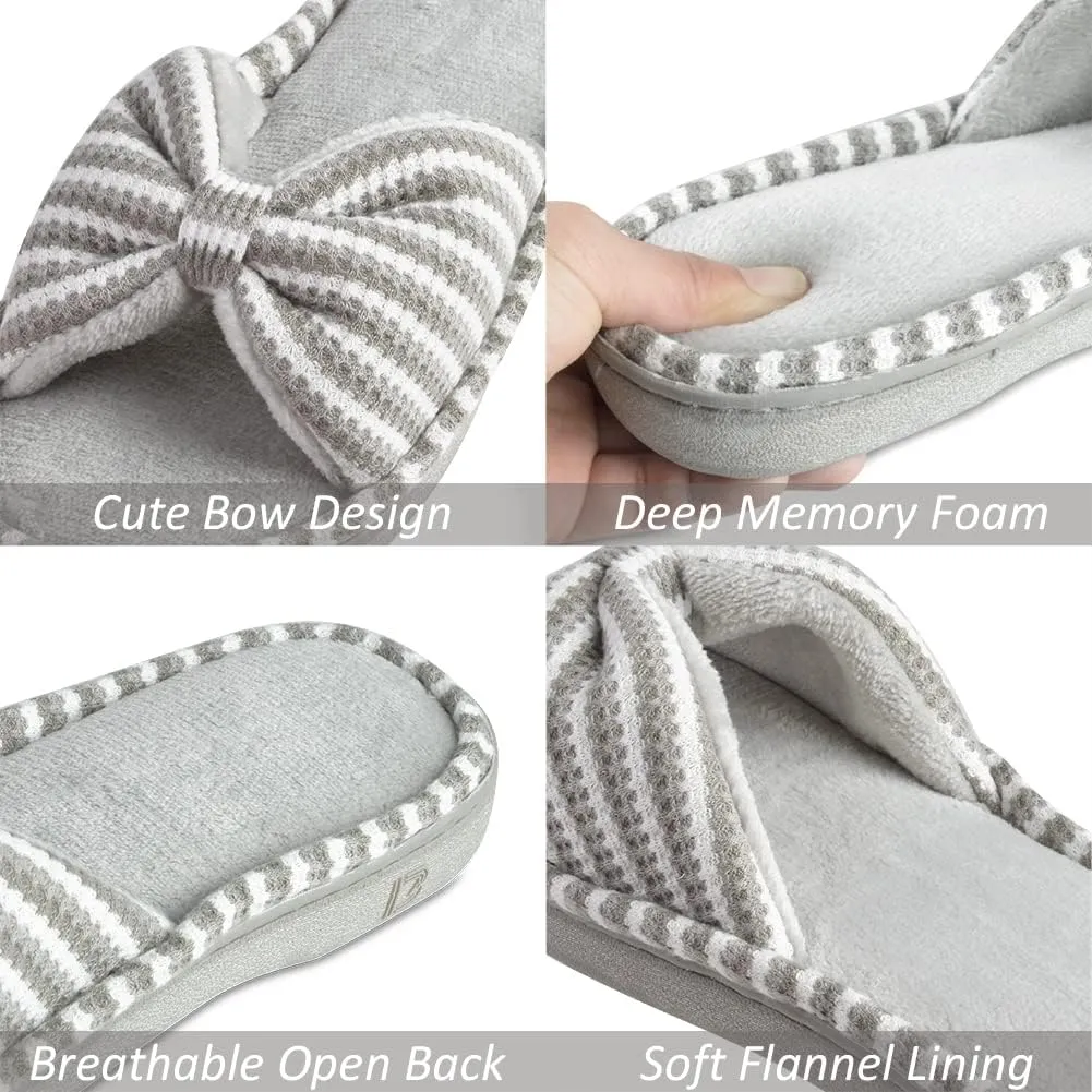 DL Women's Memory Foam Open Toe Slide Slippers with Cute Bow and Cozy Terry Lining, Slip-on House Shoes Spa Mules Sandals with Indoor Outdoor Rubber Sole