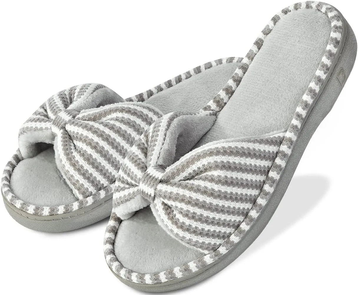DL Women's Memory Foam Open Toe Slide Slippers with Cute Bow and Cozy Terry Lining, Slip-on House Shoes Spa Mules Sandals with Indoor Outdoor Rubber Sole