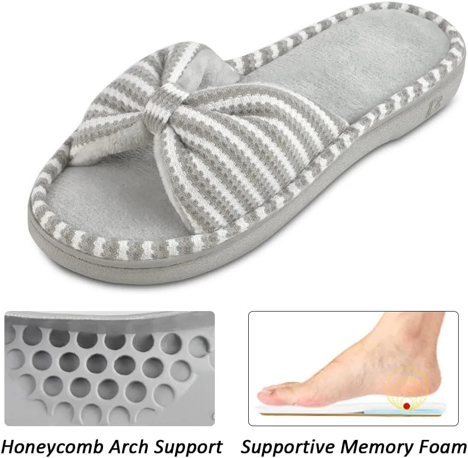 DL Women's Memory Foam Open Toe Slide Slippers with Cute Bow and Cozy Terry Lining, Slip-on House Shoes Spa Mules Sandals with Indoor Outdoor Rubber Sole