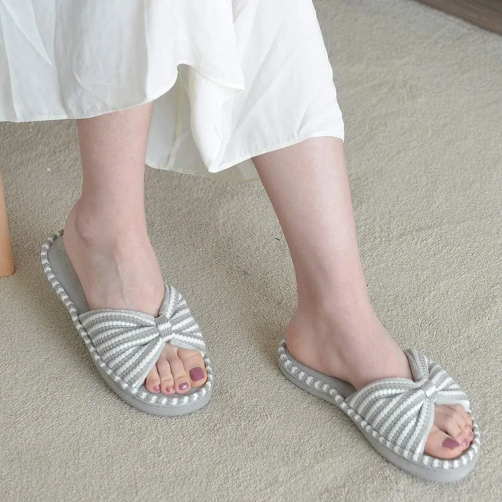 DL Women's Memory Foam Open Toe Slide Slippers with Cute Bow and Cozy Terry Lining, Slip-on House Shoes Spa Mules Sandals with Indoor Outdoor Rubber Sole