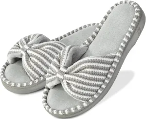 DL Women's Memory Foam Open Toe Slide Slippers with Cute Bow and Cozy Terry Lining, Slip-on House Shoes Spa Mules Sandals with Indoor Outdoor Rubber Sole