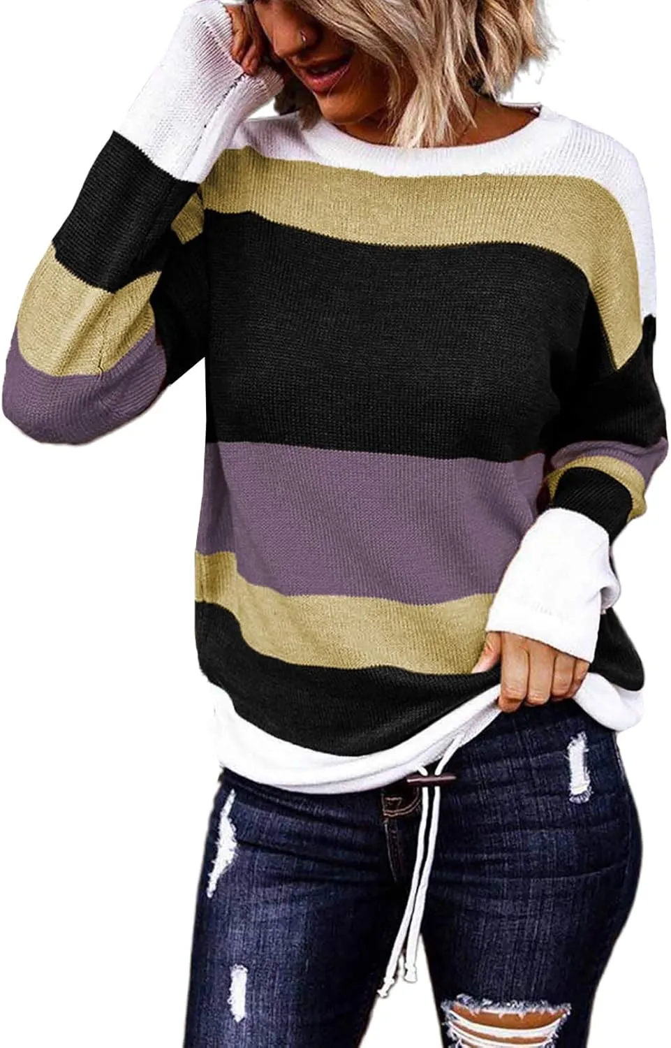 Dokotoo Fall Sweaters Round Neck Striped Cute Winter Pullover Sweaters for Women Trendy 2024 Drawstring