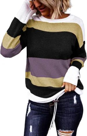 Dokotoo Fall Sweaters Round Neck Striped Cute Winter Pullover Sweaters for Women Trendy 2024 Drawstring