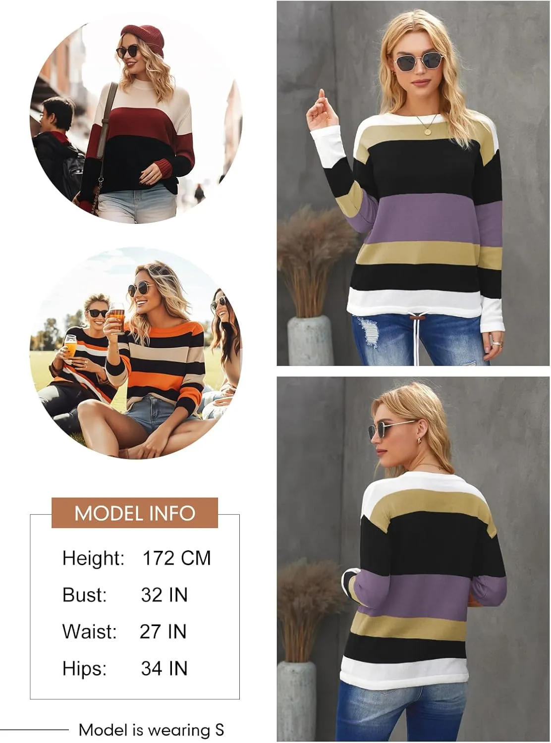 Dokotoo Fall Sweaters Round Neck Striped Cute Winter Pullover Sweaters for Women Trendy 2024 Drawstring