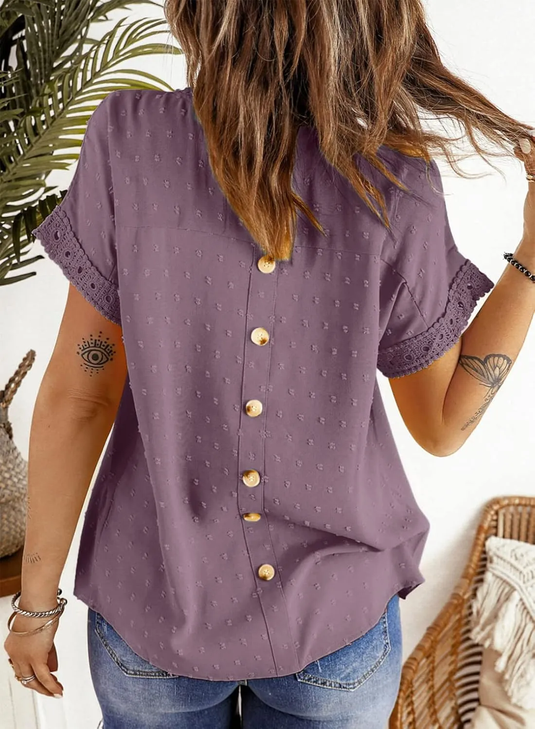 Dokotoo Womens Summer Tops Crewneck Lace Crochet Short Sleeve Shirts Casual Chiffon Blouses