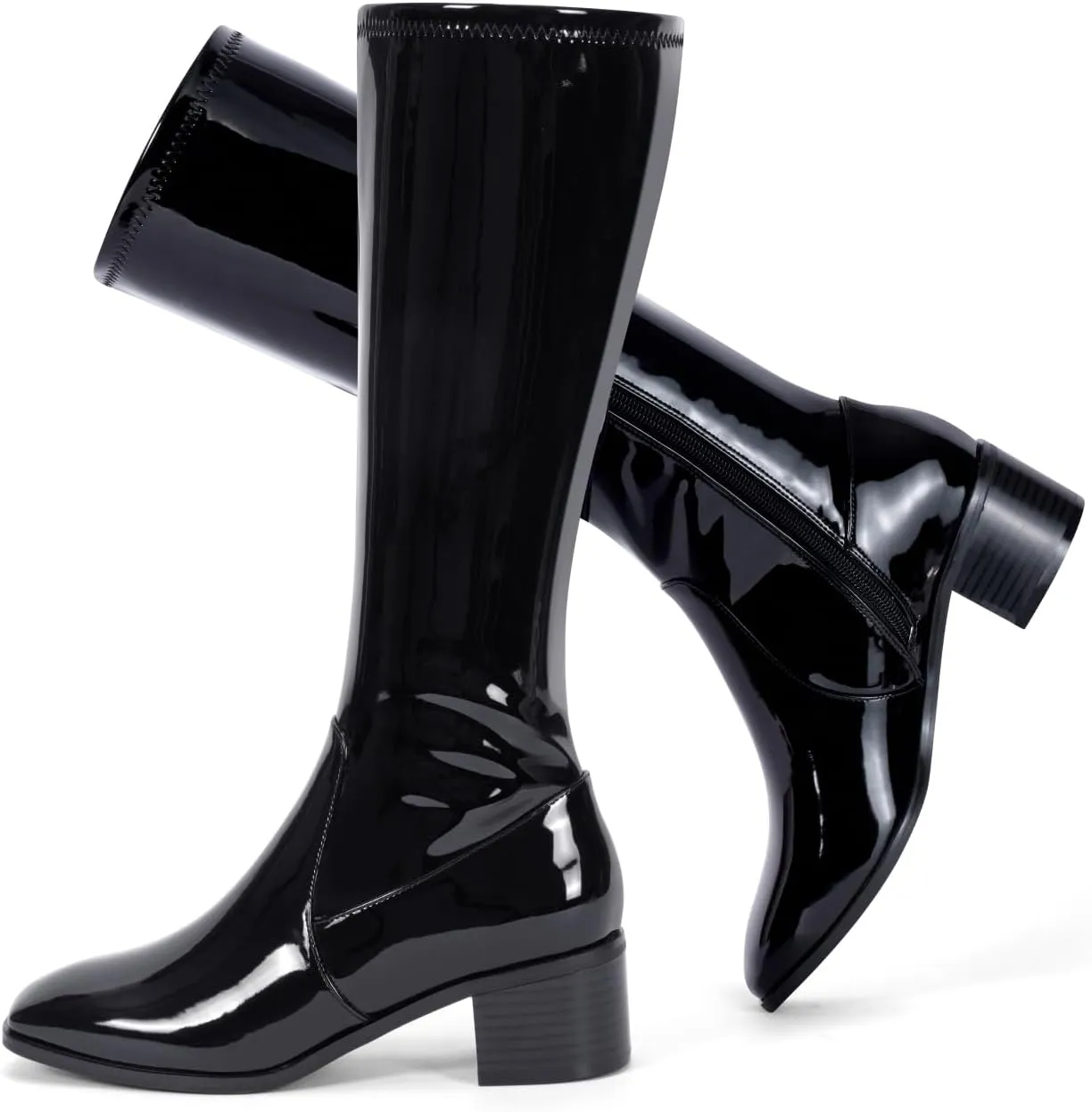 Elisabet Tang Knee High Boots for Women 2 inch Chunky Low Heel Boots Square Toe Side Zipper Fall Winter Comfort Boots