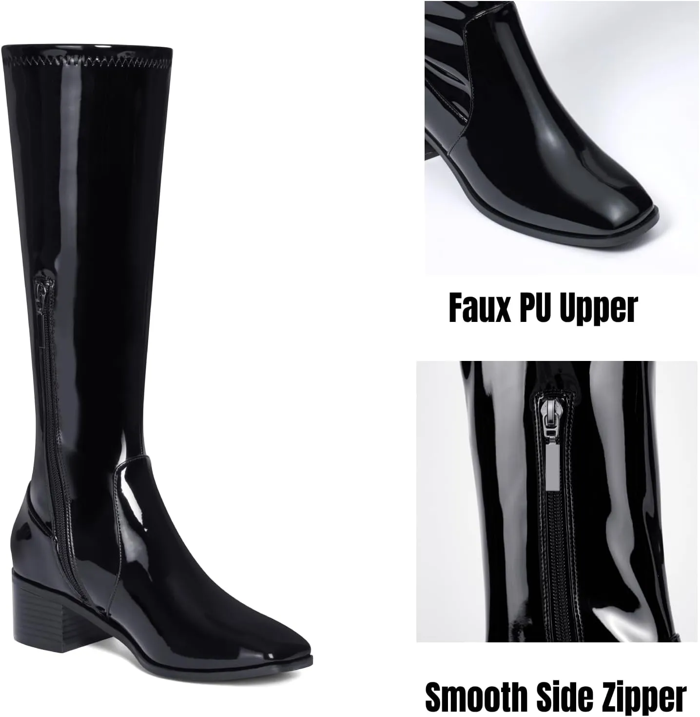 Elisabet Tang Knee High Boots for Women 2 inch Chunky Low Heel Boots Square Toe Side Zipper Fall Winter Comfort Boots