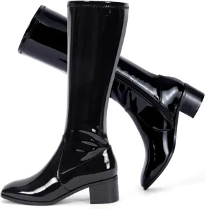 Elisabet Tang Knee High Boots for Women 2 inch Chunky Low Heel Boots Square Toe Side Zipper Fall Winter Comfort Boots