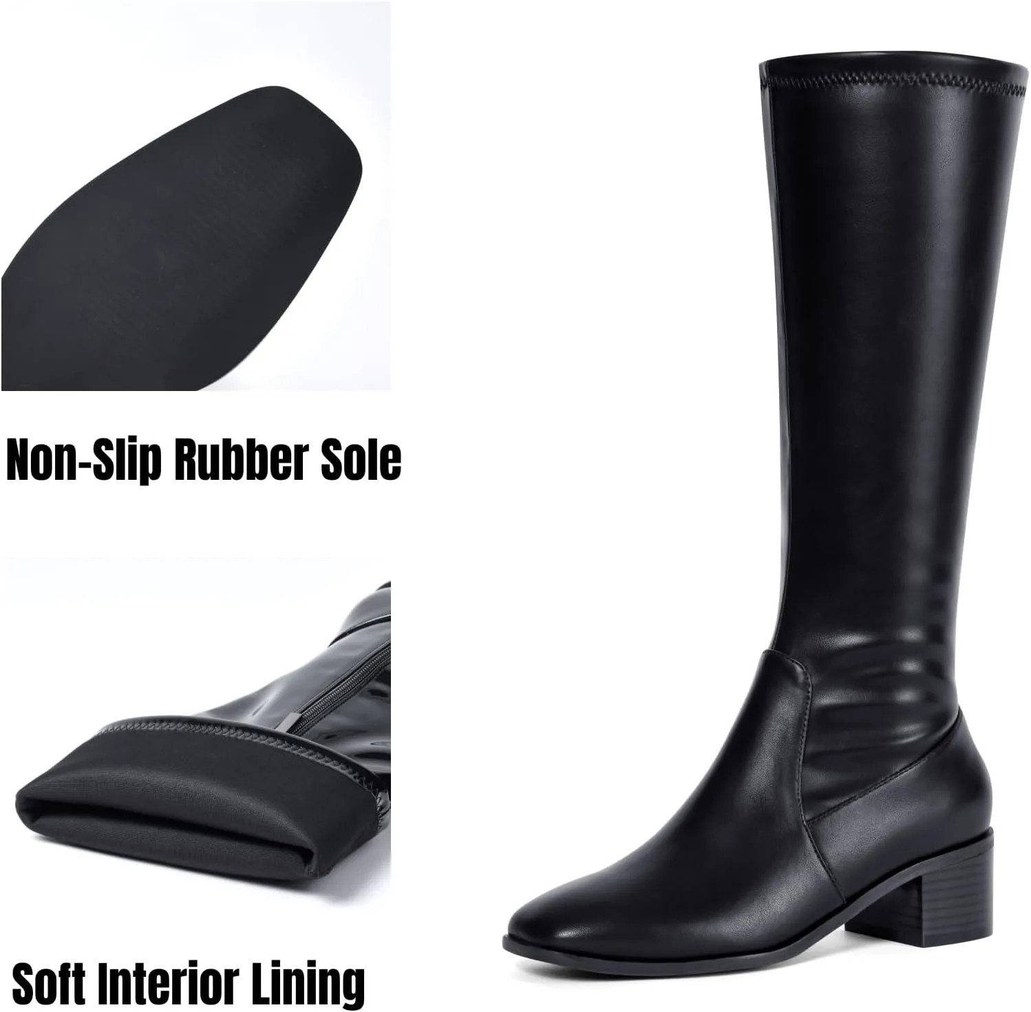 Elisabet Tang Knee High Boots for Women 2 inch Chunky Low Heel Boots Square Toe Side Zipper Fall Winter Comfort Boots
