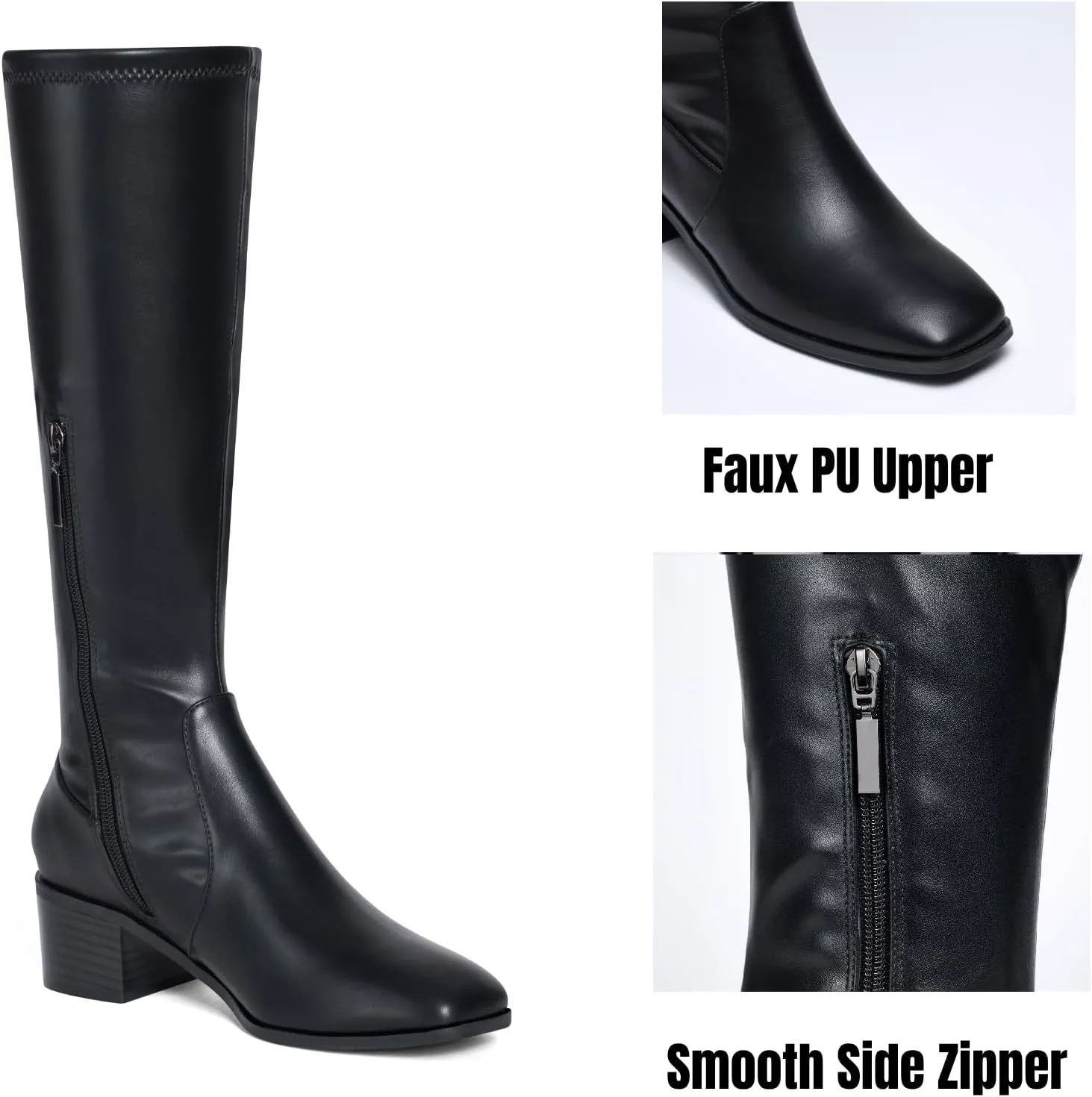 Elisabet Tang Knee High Boots for Women 2 inch Chunky Low Heel Boots Square Toe Side Zipper Fall Winter Comfort Boots