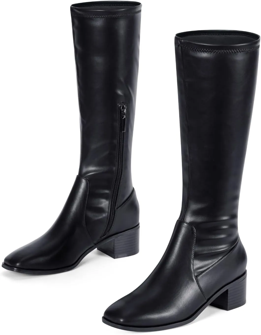Elisabet Tang Knee High Boots for Women 2 inch Chunky Low Heel Boots Square Toe Side Zipper Fall Winter Comfort Boots