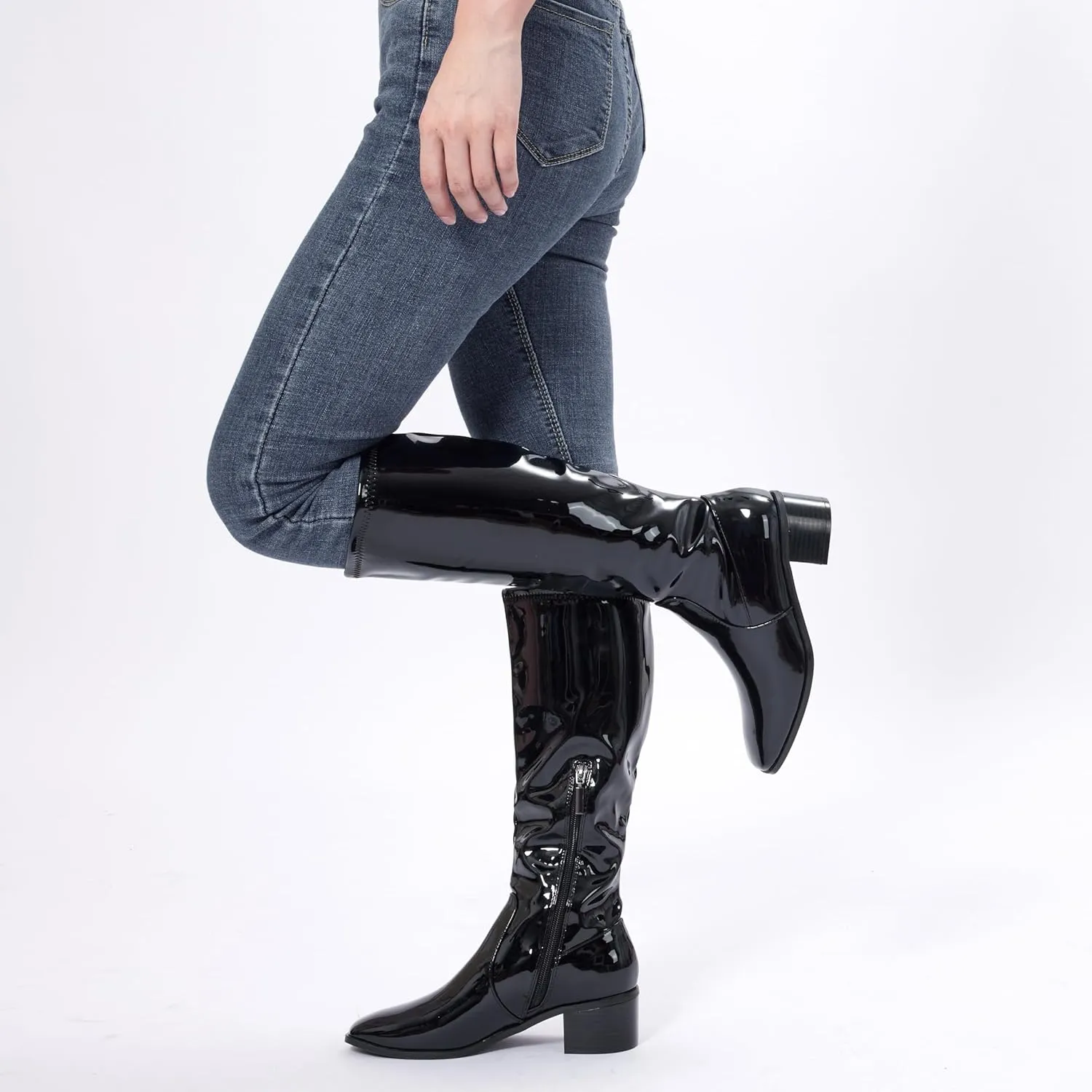 Elisabet Tang Knee High Boots for Women 2 inch Chunky Low Heel Boots Square Toe Side Zipper Fall Winter Comfort Boots