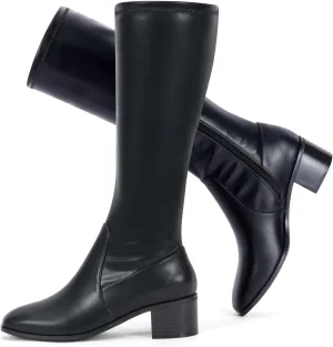 Elisabet Tang Knee High Boots for Women 2 inch Chunky Low Heel Boots Square Toe Side Zipper Fall Winter Comfort Boots