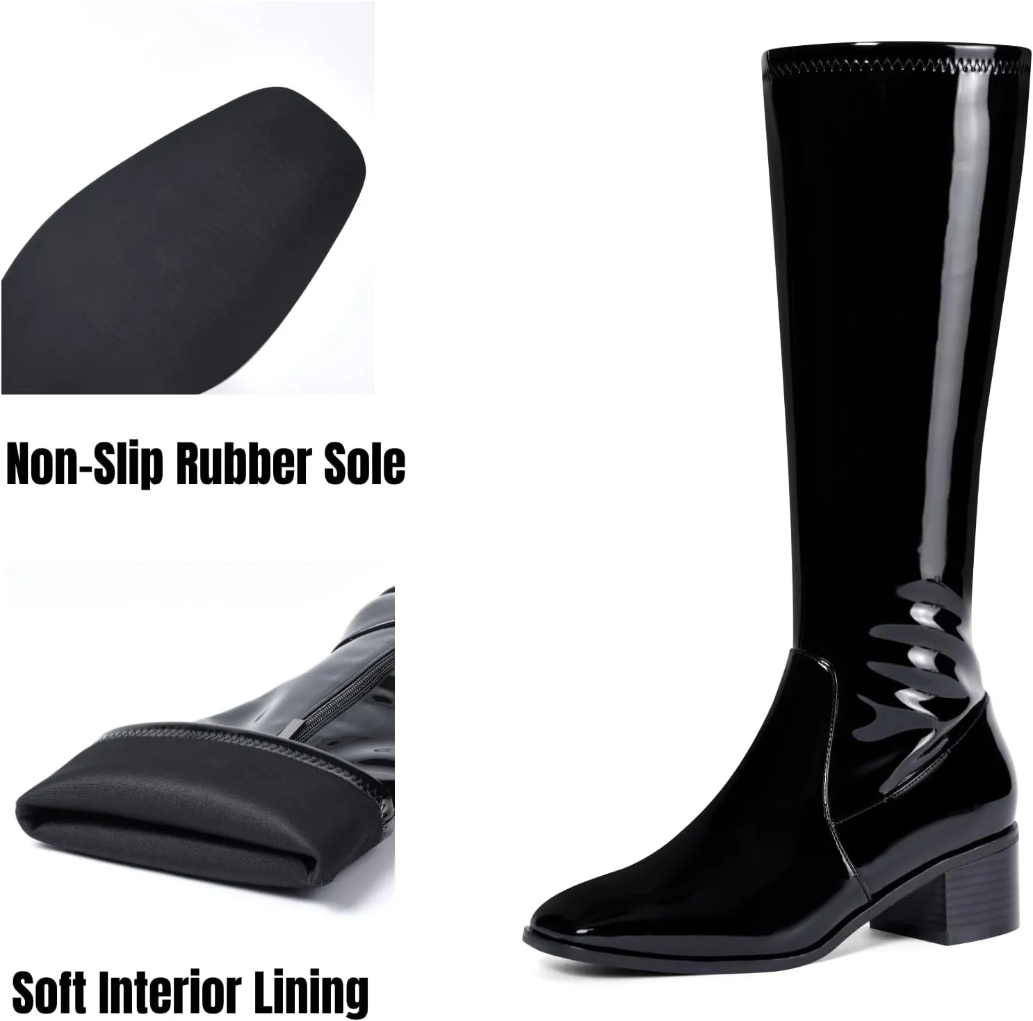 Elisabet Tang Knee High Boots for Women 2 inch Chunky Low Heel Boots Square Toe Side Zipper Fall Winter Comfort Boots