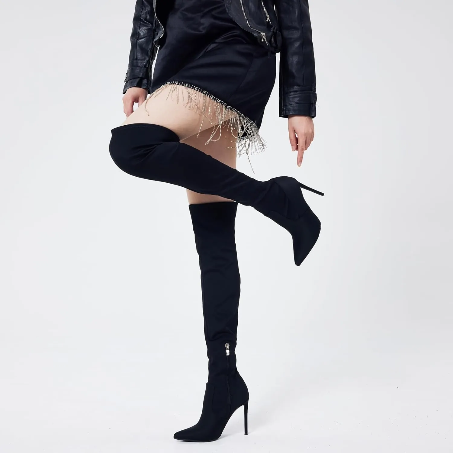 Elisabet Tang Thigh High Boots Over the Knee Boots for Women,Sexy 4.3 inch Stilettos High Heels Boots Stretch Suede Long Pointed Toe Shoes