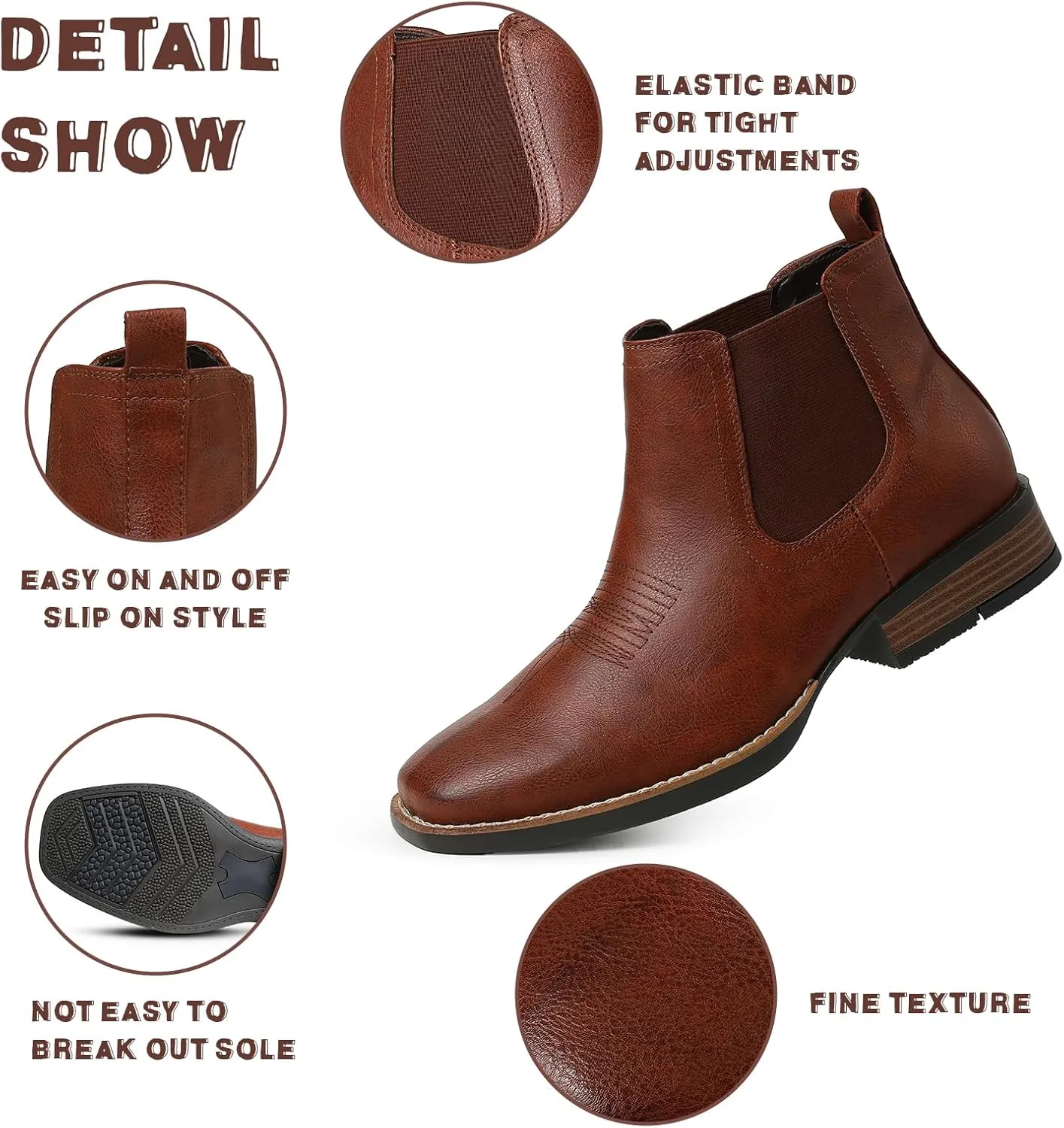 femflame Cowboy Boots for Men Square Toe Chelsea Boots Waterproof Classic Elastic Slip on Chukka Ankle Boots Casual…