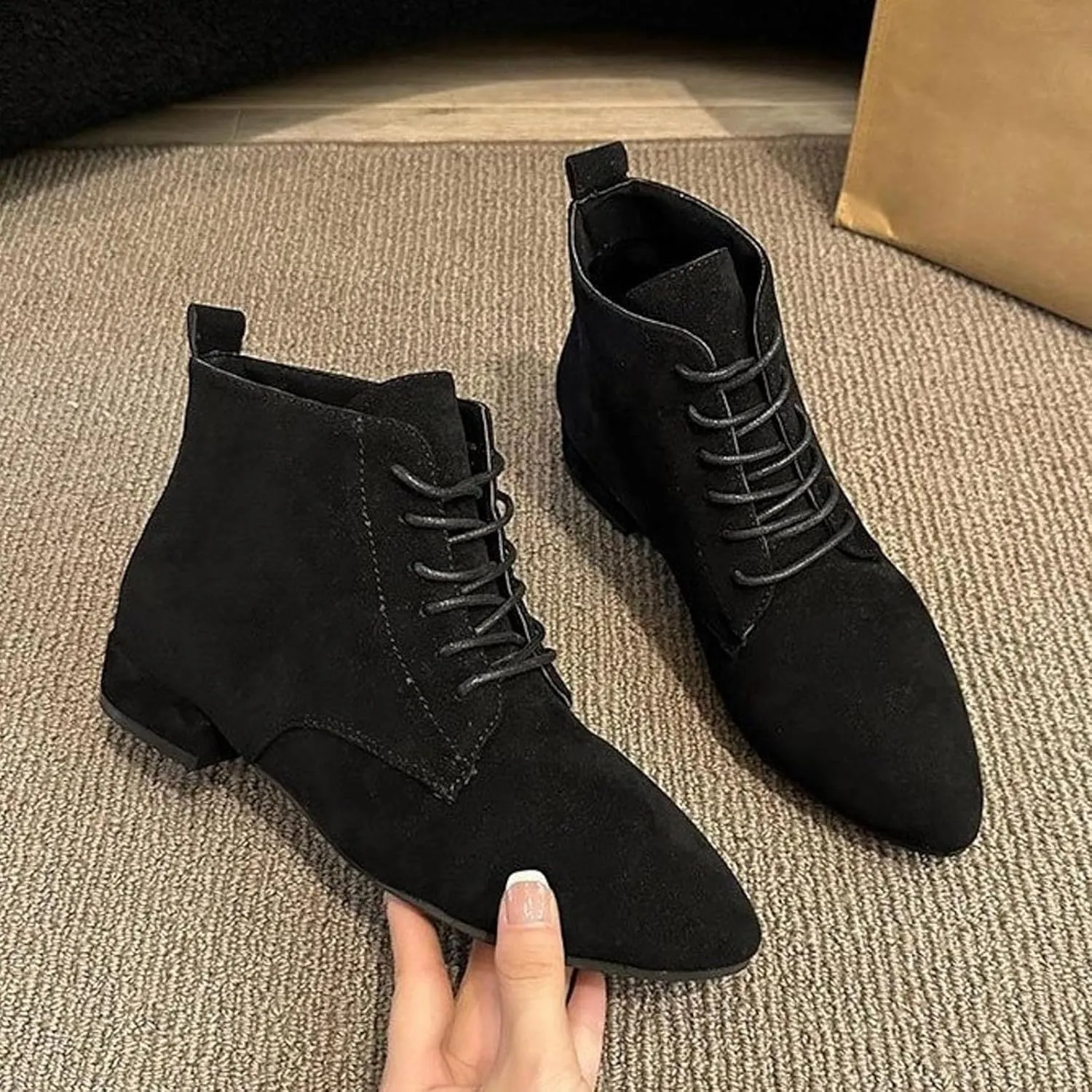 Flat Booties For Women Lace Up Dress Boots Suede Ankle Boots No Heel Desert Boots Short Chukka Boots Casual Boots